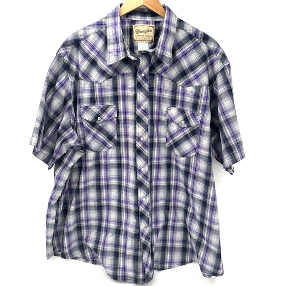 Wrangler Western Shirt Mens 3XL Pearl Snap Short Sleeve Purple Gray Plaid - Picture 1 of 8